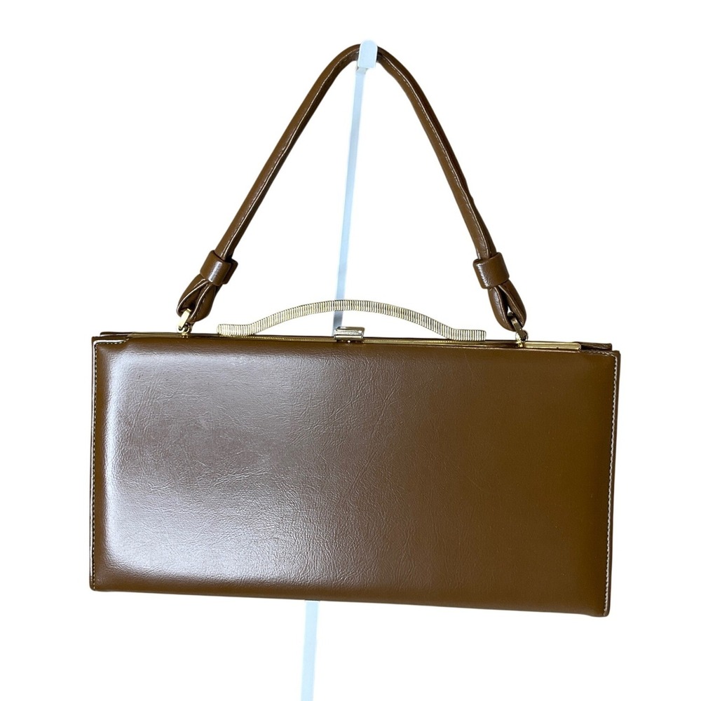 Vintage Brown Pocket Book Gold Toned Framed Single Strap Handbag Mod Cosplay